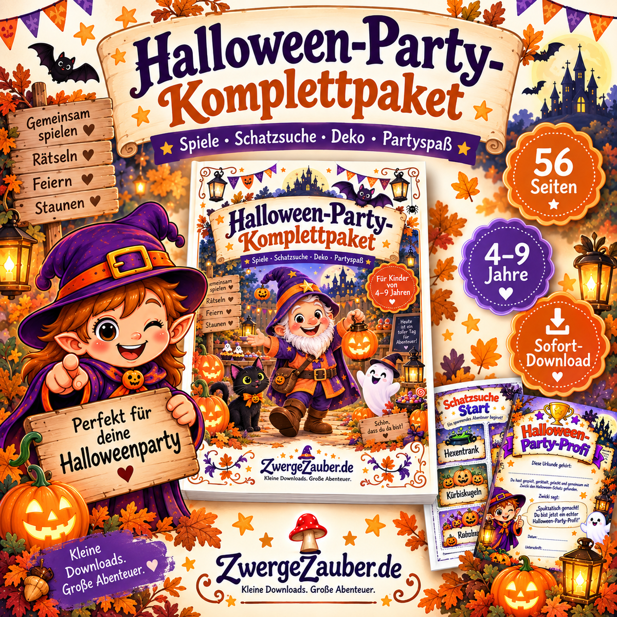 Halloween-Party-Komplettpaket für Kinder von 4 bis 9 Jahren mit 56 Seiten, Spielen, Schatzsuche, Deko und Partyspaß von ZwergeZauber.de