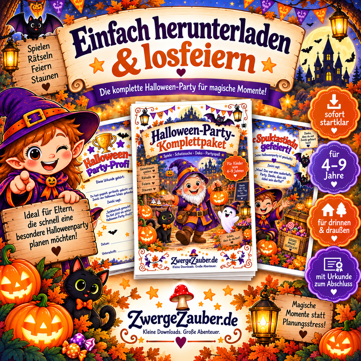 Halloween-Party-PDF als Sofort-Download für Kinder von 4 bis 9 Jahren mit Spielen, Schatzsuche, Deko und Urkunde