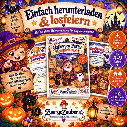 Halloween-Party-PDF als Sofort-Download für Kinder von 4 bis 9 Jahren mit Spielen, Schatzsuche, Deko und Urkunde
