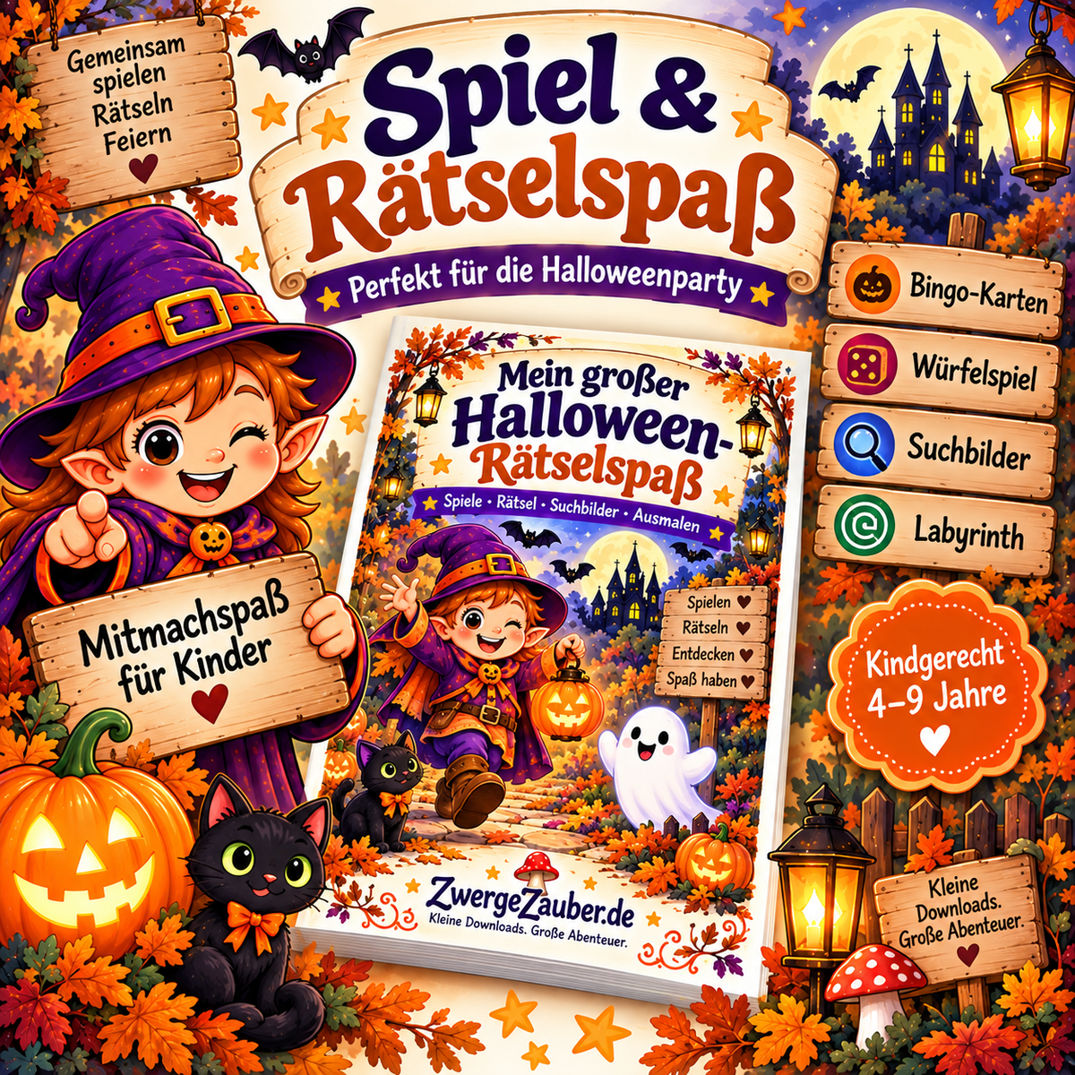Halloween-Party-PDF als Sofort-Download für Kinder von 4 bis 9 Jahren mit Spielen, Schatzsuche, Deko und Urkunde