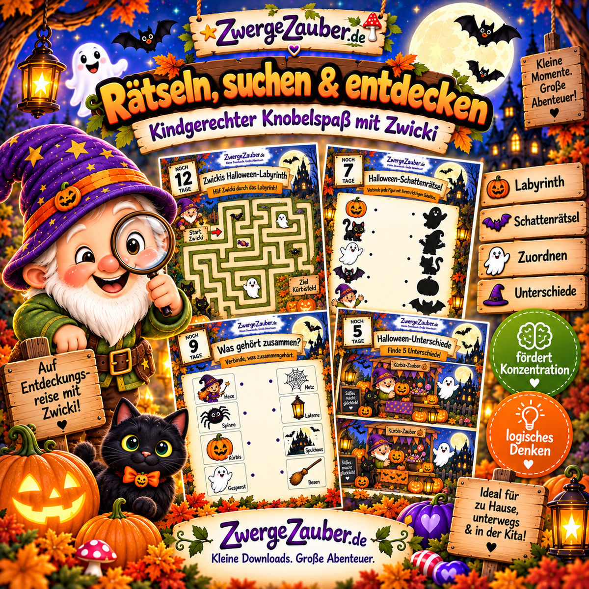 Halloween-Rätsel und Suchspiele für Kinder mit Zwicki, darunter Labyrinth, Schattenrätsel, Zuordnen und Unterschiede finden.