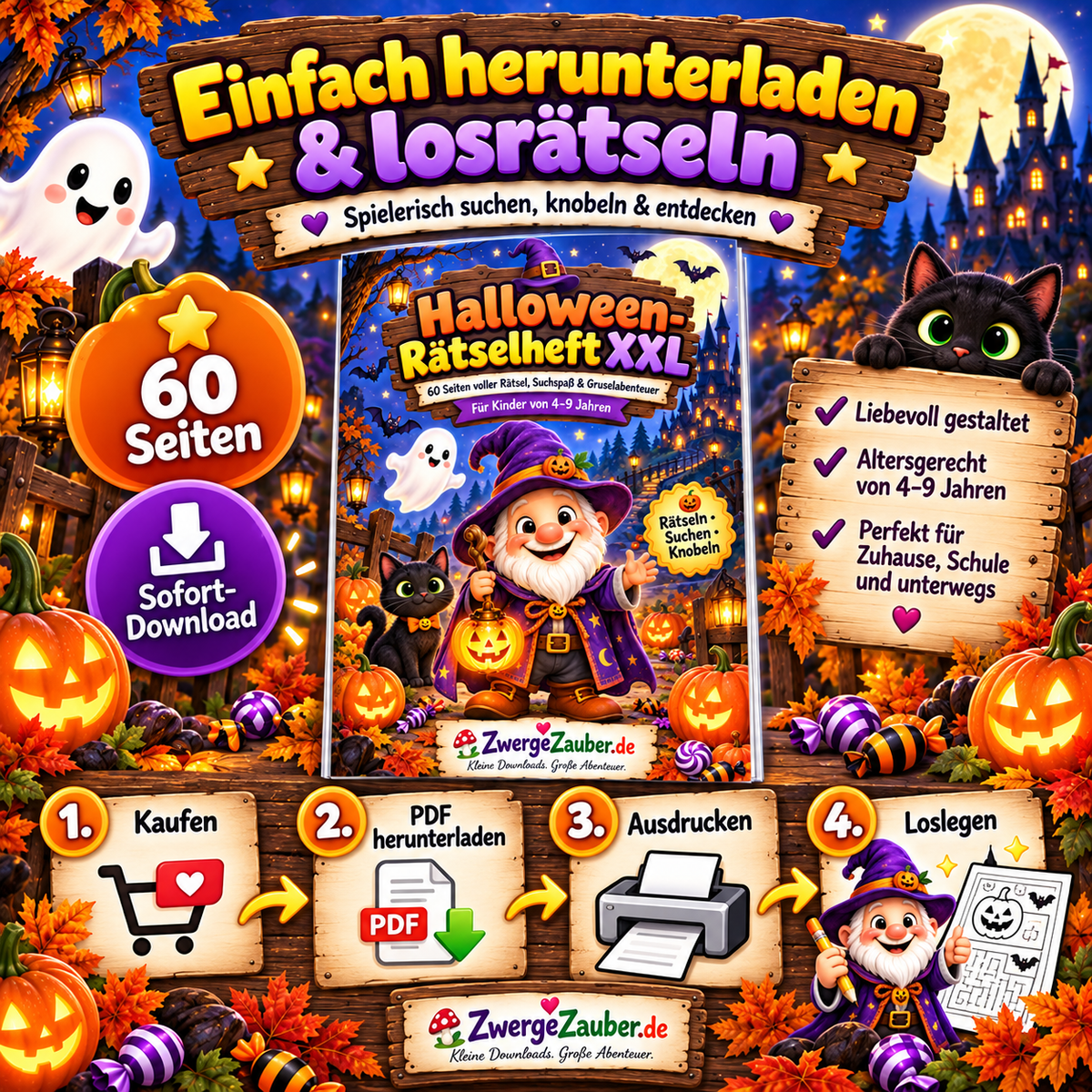 Halloween-Rätselheft als PDF Sofort-Download mit 60 Seiten zum Ausdrucken für Kinder von 4 bis 9 Jahren