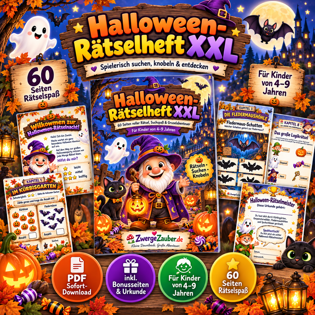 Halloween-Rätselheft XXL für Kinder von 4 bis 9 Jahren mit 60 Seiten Rätselspaß, Suchbildern, Labyrinthen und Knobelaufgaben