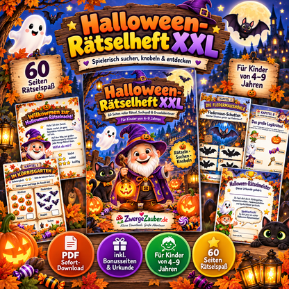 Halloween-Rätselheft XXL für Kinder von 4 bis 9 Jahren mit 60 Seiten Rätselspaß, Suchbildern, Labyrinthen und Knobelaufgaben