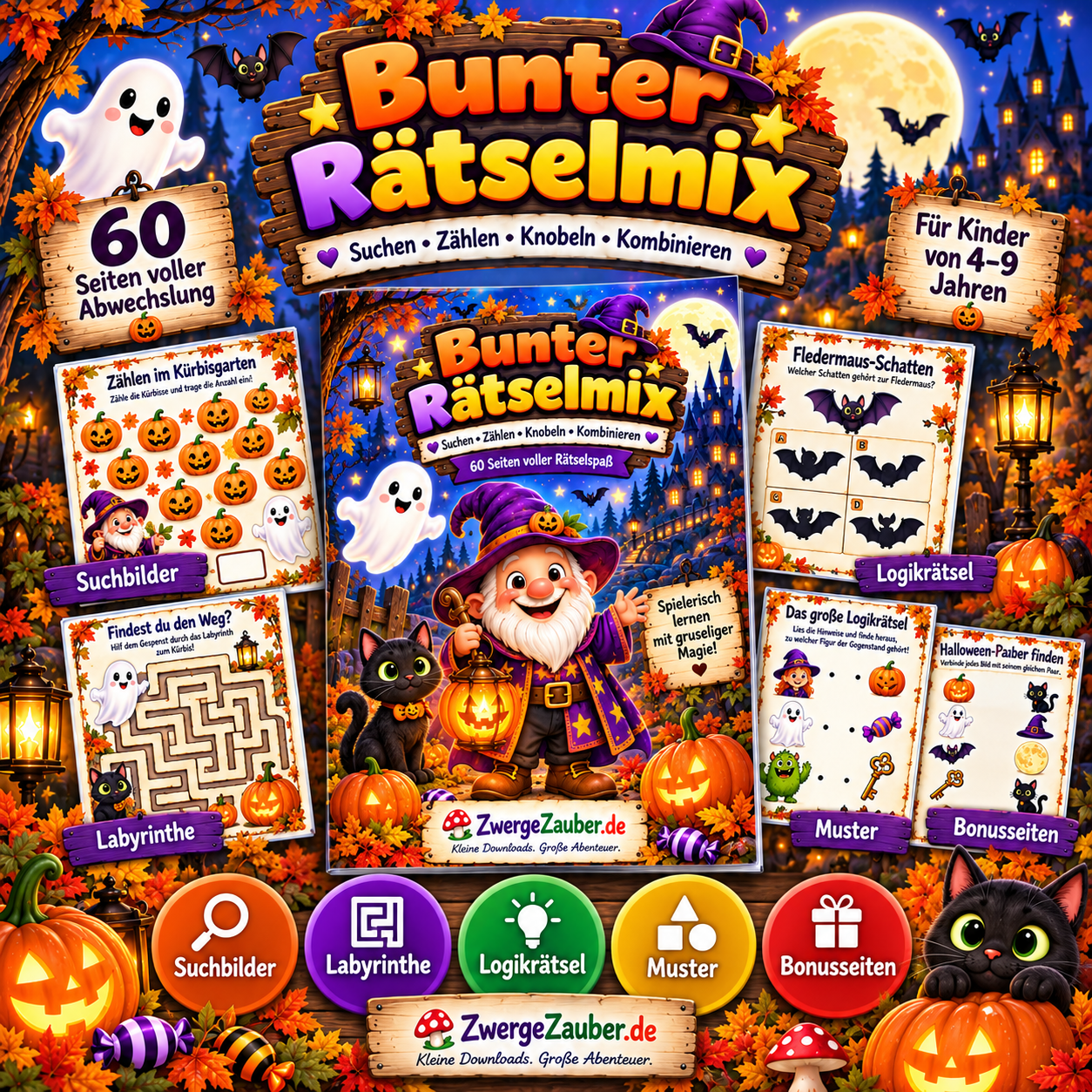 Bunter Halloween-Rätselmix für Kinder mit Suchbildern, Labyrinthen, Logikrätseln, Mustern und Bonusseiten