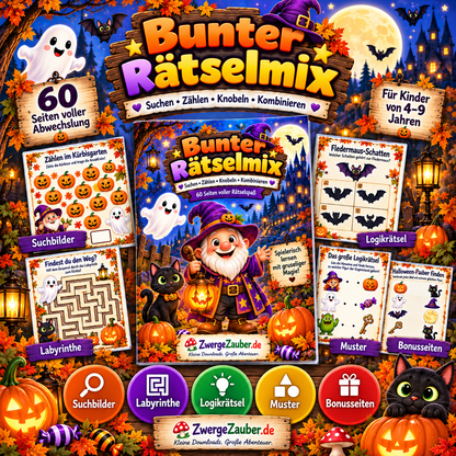 Bunter Halloween-Rätselmix für Kinder mit Suchbildern, Labyrinthen, Logikrätseln, Mustern und Bonusseiten