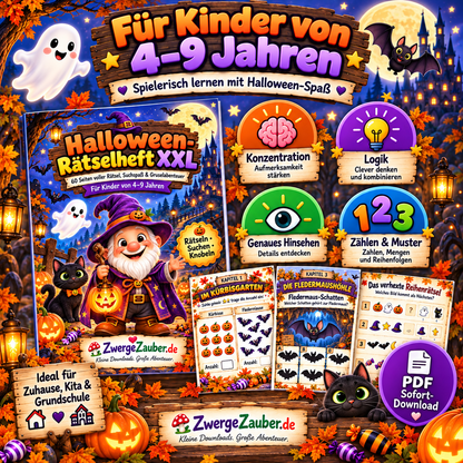 Halloween-Rätselspaß für Kinder von 4 bis 9 Jahren mit Konzentration, Logik, Zählen, Mustern und Suchaufgaben