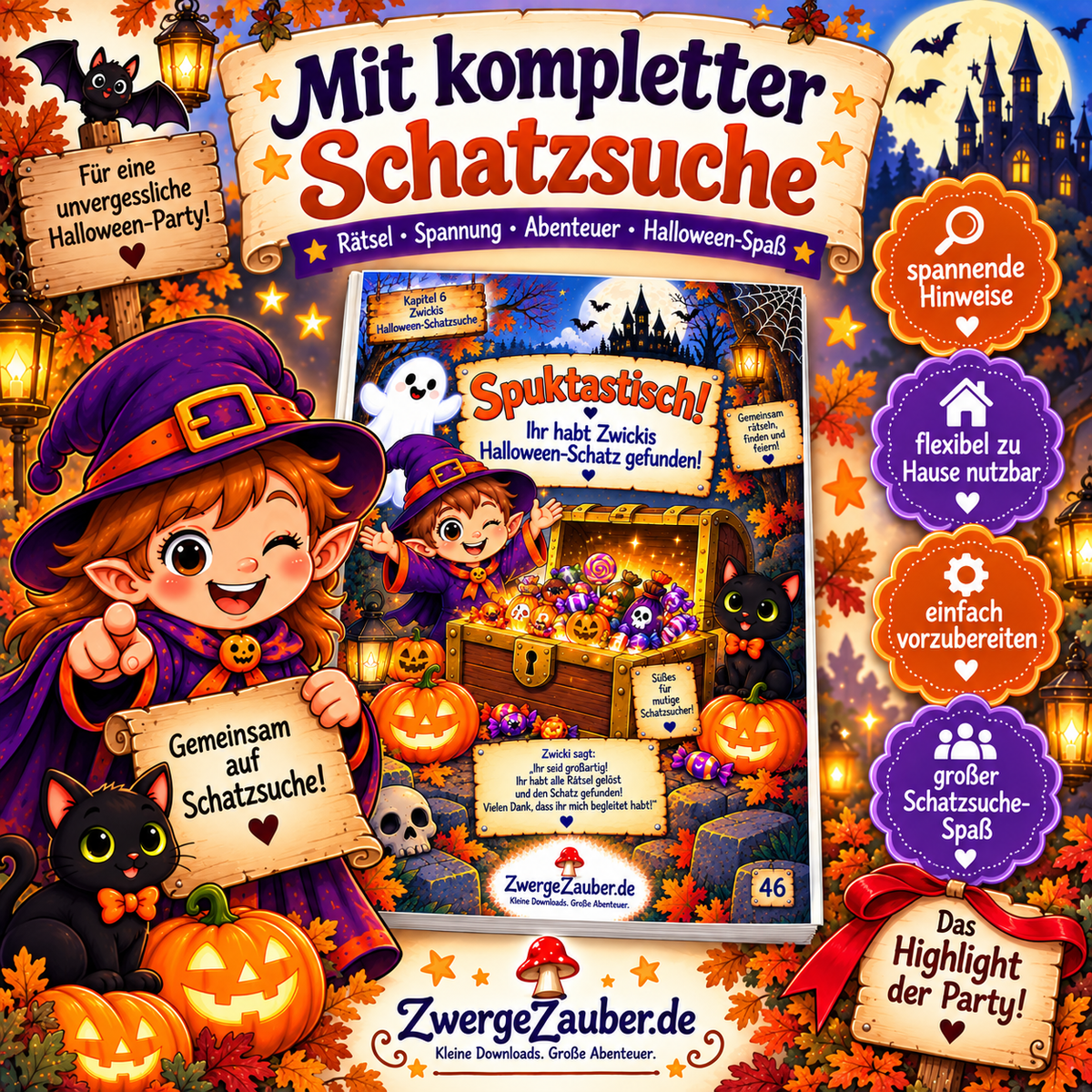 Halloween-Schatzsuche für Kinder mit Zwicki, spannenden Hinweisen, Rätseln und Schatzfund als Partyspiel zum Ausdrucken