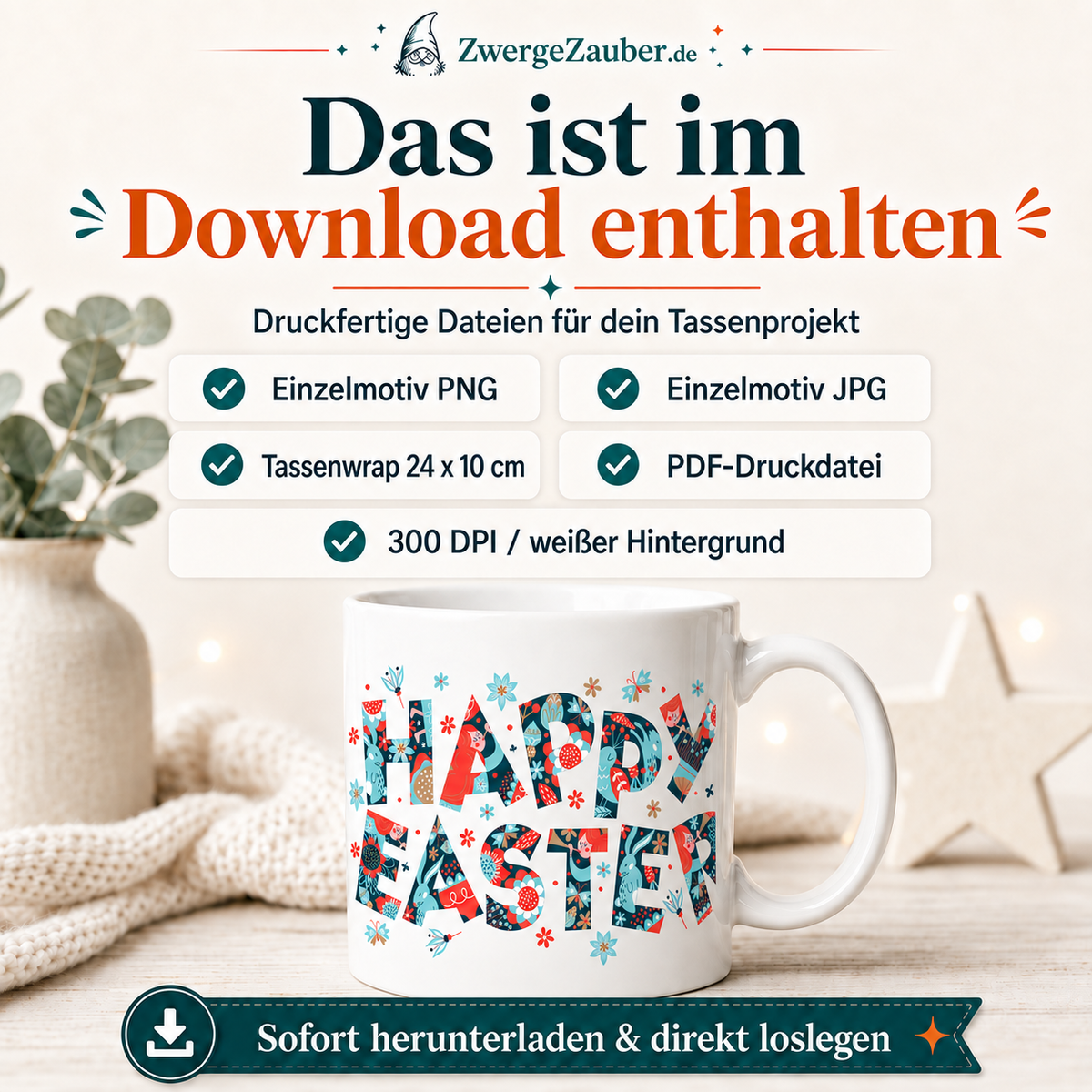 Download-Inhalt des Happy Easter Hahn und Osterei Tassendesigns
