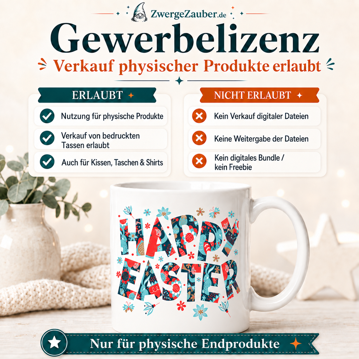 Gewerbelizenz für das Happy Easter Hahn und Osterei Tassendesign