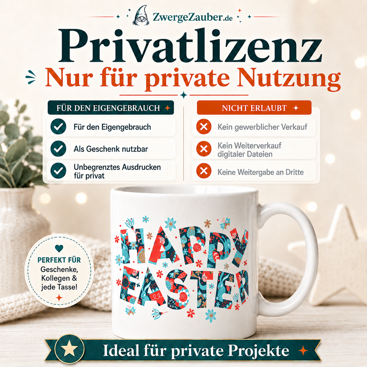 Privatlizenz für das Happy Easter Hahn und Osterei Tassendesign