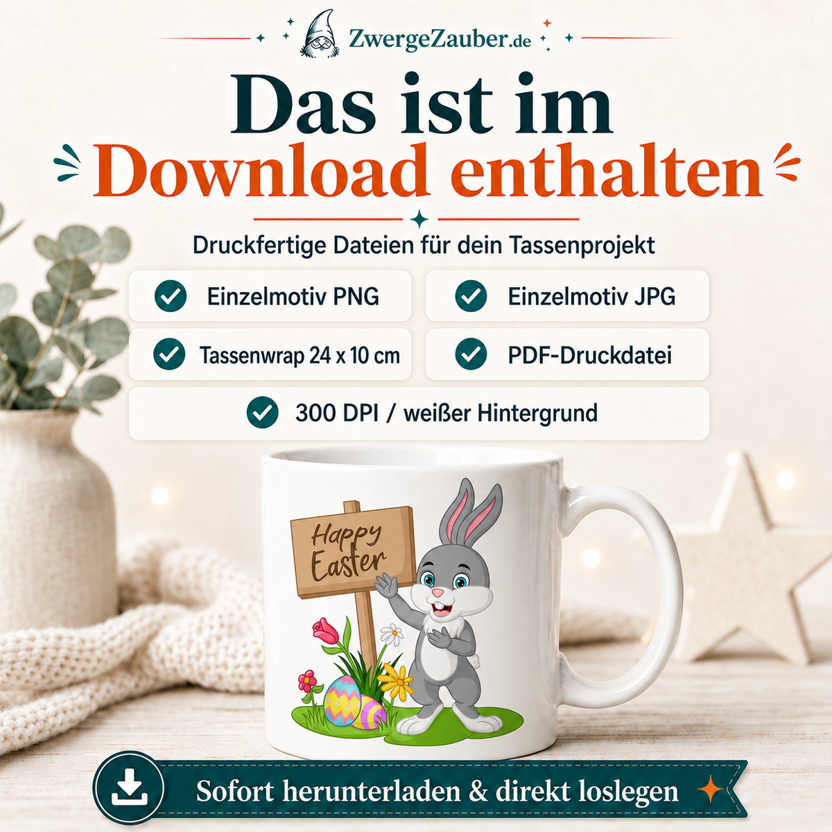 Download-Inhalt des Happy Easter Hase mit Schild Tassendesigns