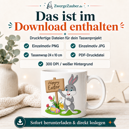Download-Inhalt des Happy Easter Hase mit Schild Tassendesigns