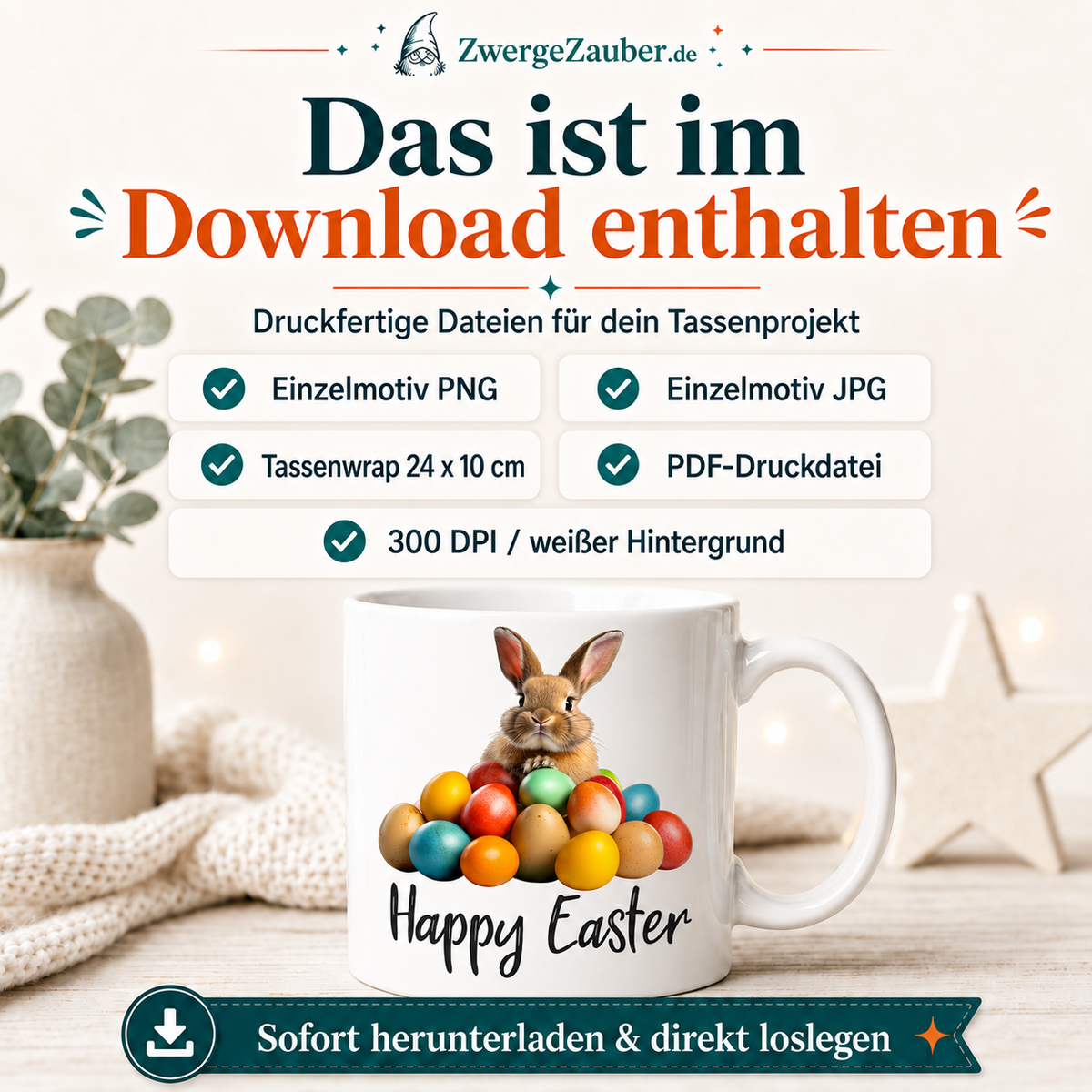 Happy Easter Osterhase mit bunten Eiern Tassendesign als digitaler Download
