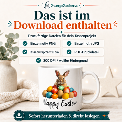 Happy Easter Osterhase mit bunten Eiern Tassendesign als digitaler Download