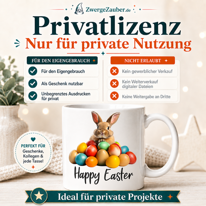Privatlizenz für das Happy Easter Osterhase mit bunten Eiern Tassendesign