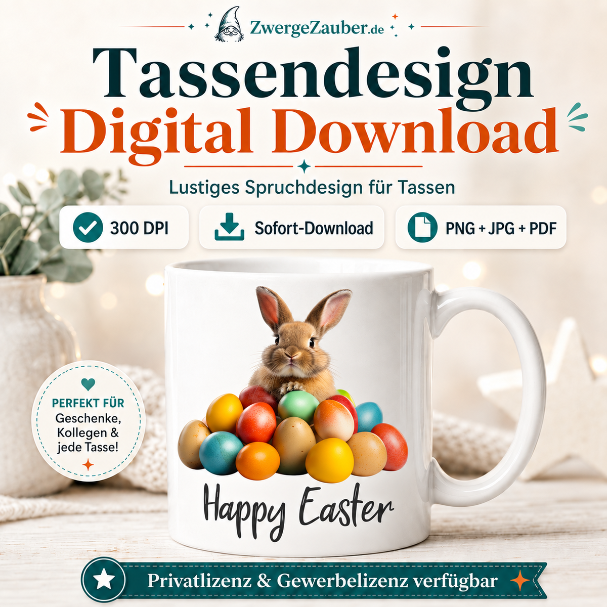 Download-Inhalt des Happy Easter Osterhase mit bunten Eiern Tassendesigns