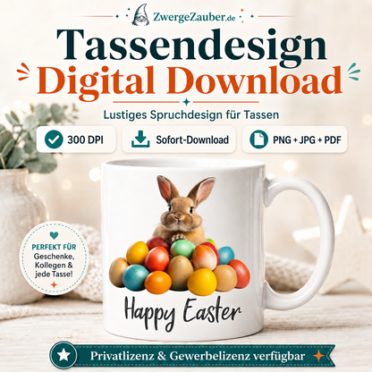 Download-Inhalt des Happy Easter Osterhase mit bunten Eiern Tassendesigns