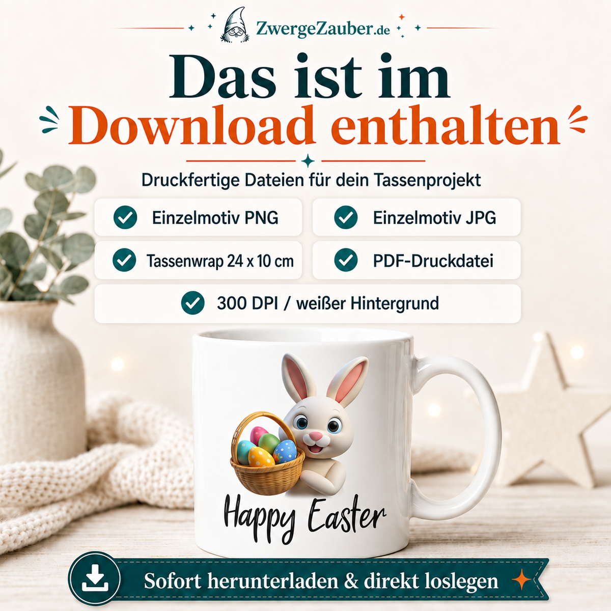 Download-Inhalt des Happy Easter Osterhase mit Eierkorb Tassendesigns
