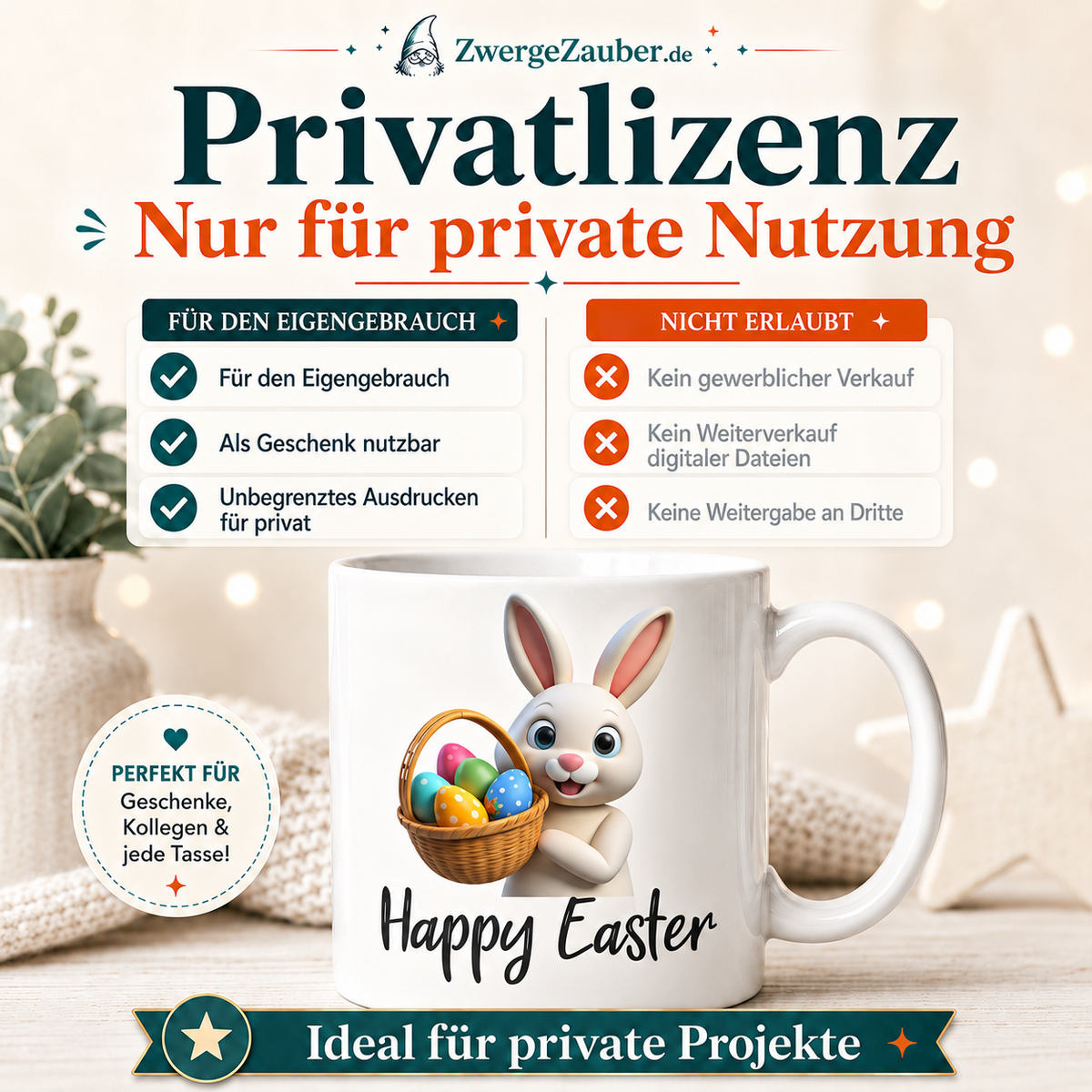 Privatlizenz für das Happy Easter Osterhase mit Eierkorb Tassendesign