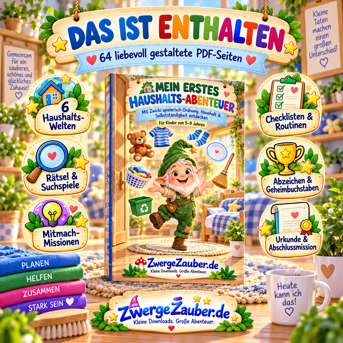 64 Seiten Haushalts-Abenteuer PDF für Kinder mit sechs Haushaltswelten, Rätseln, Mitmachmissionen, Checklisten und Urkunde