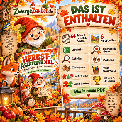 Herbst-Abenteuer XXL Inhalt – 64 liebevoll gestaltete Seiten mit sechs Herbstwelten, Rätseln, Suchbildern, Logik und Urkunde