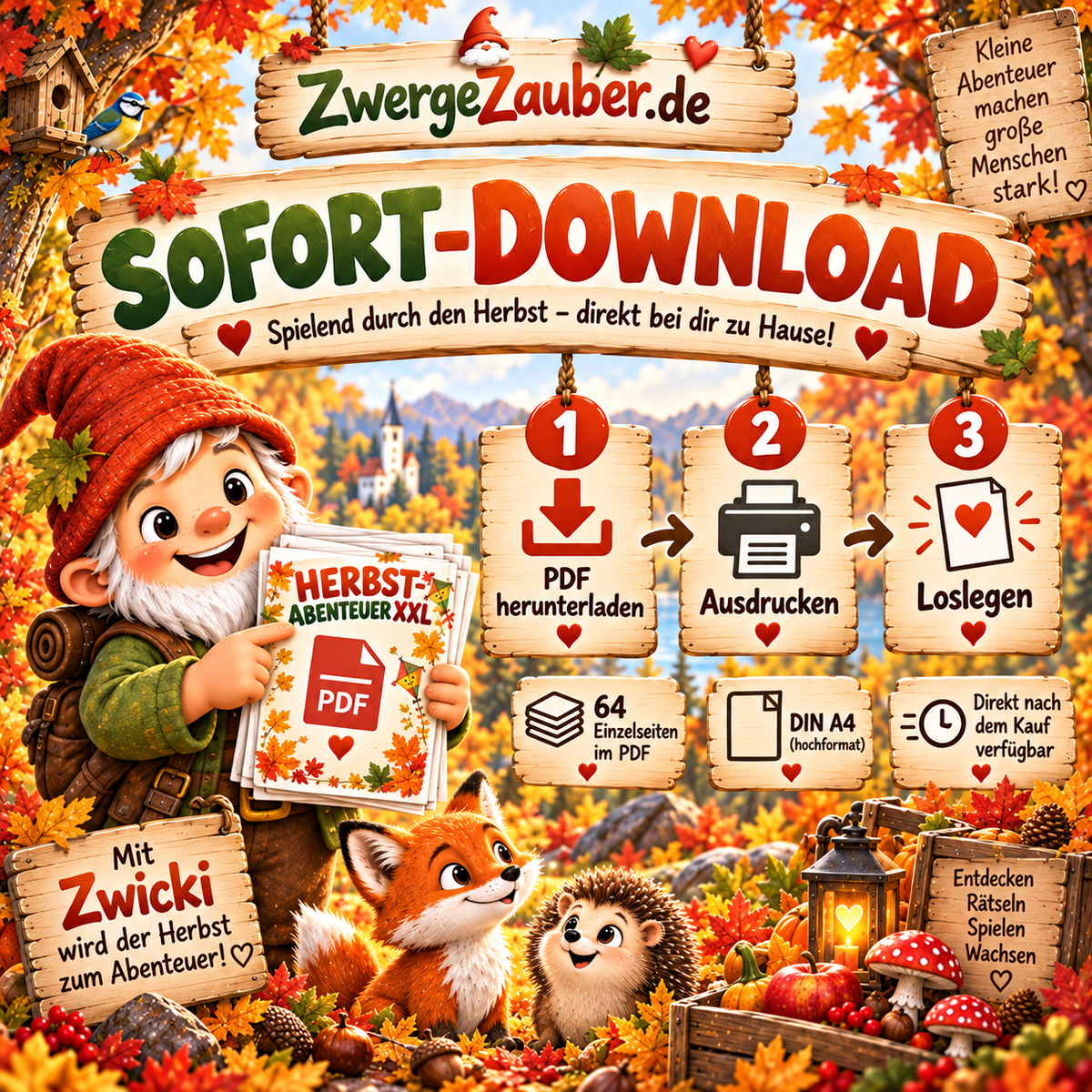 Herbst-Abenteuer XXL als sofort verfügbarer PDF Download im DIN-A4-Format mit 64 Seiten zum Ausdrucken