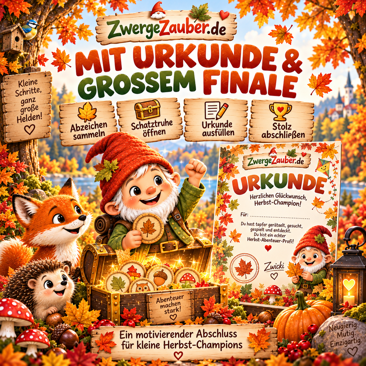Herbst-Abenteuer XXL mit Herbstabzeichen, Schatztruhe, großem Finale und Herbst-Champion-Urkunde für Kinder