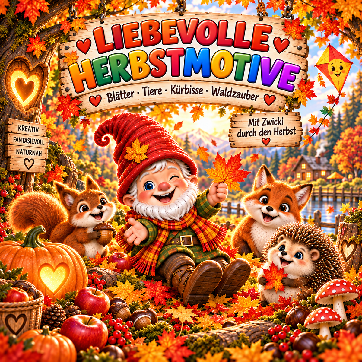 Liebevolle Herbst Ausmalbilder für Kinder mit Blättern, Waldtieren, Kürbissen, Äpfeln und Zwicki