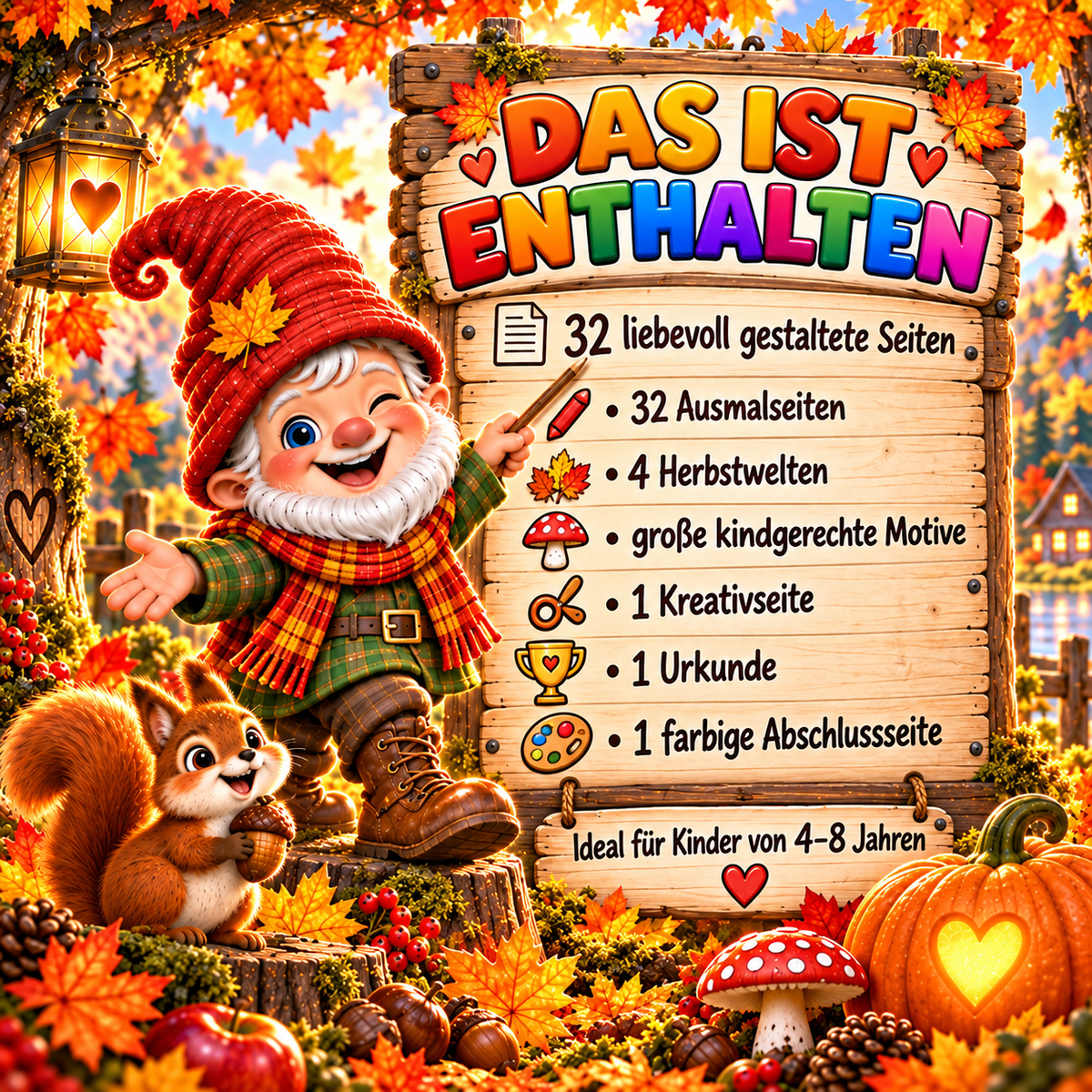 Herbst Ausmalspaß PDF mit 32 liebevoll gestalteten Seiten, vier Herbstwelten, Kreativseite, Urkunde und Abschlussseite