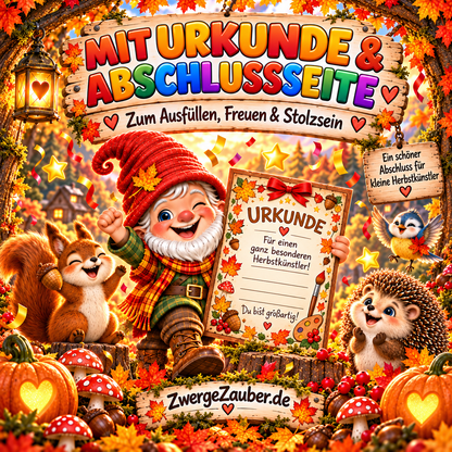 Herbst Ausmalspaß mit Urkunde für kleine Herbst-Malkünstler und liebevoll gestalteter Abschlussseite