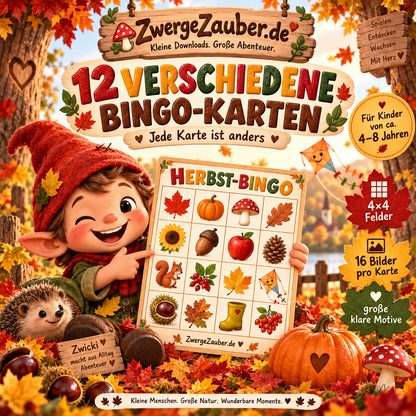 12 verschiedene Herbst-Bingo-Karten mit jeweils 16 großen kindgerechten Bildern für Kinder von 4 bis 8 Jahren