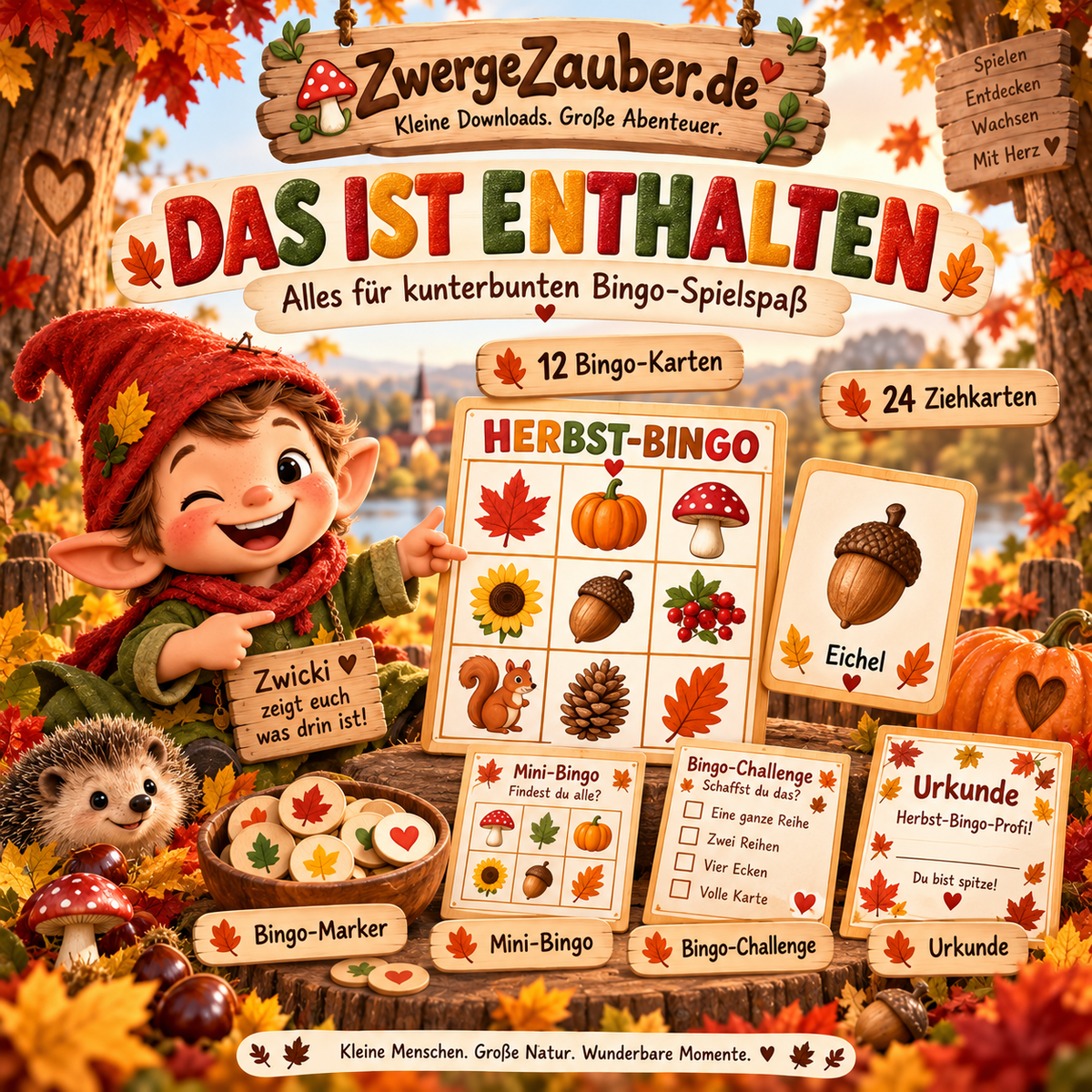 Herbst-Bingo Inhalt mit 12 Bingo-Karten, 24 Ziehmotiven, Bingo-Markern, Mini-Bingo, Challenge und Urkunde für Kinder