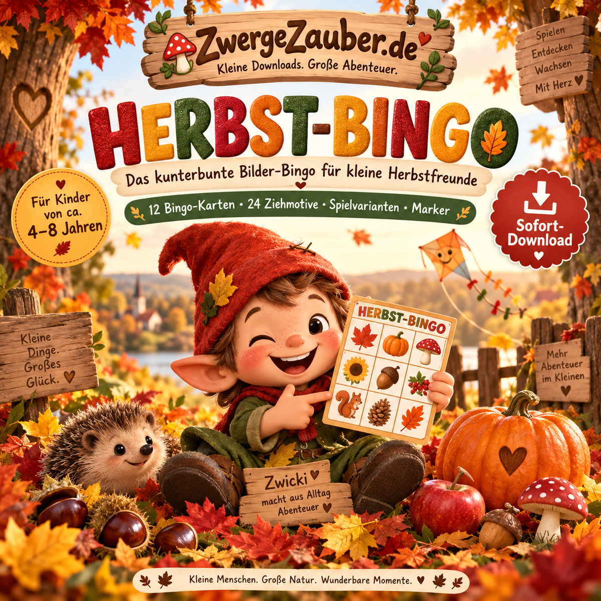 Herbst-Bingo für Kinder von 4 bis 8 Jahren als PDF-Download mit Zwicki, 12 Bingo-Karten und herbstlichen Motiven von ZwergeZauber.de