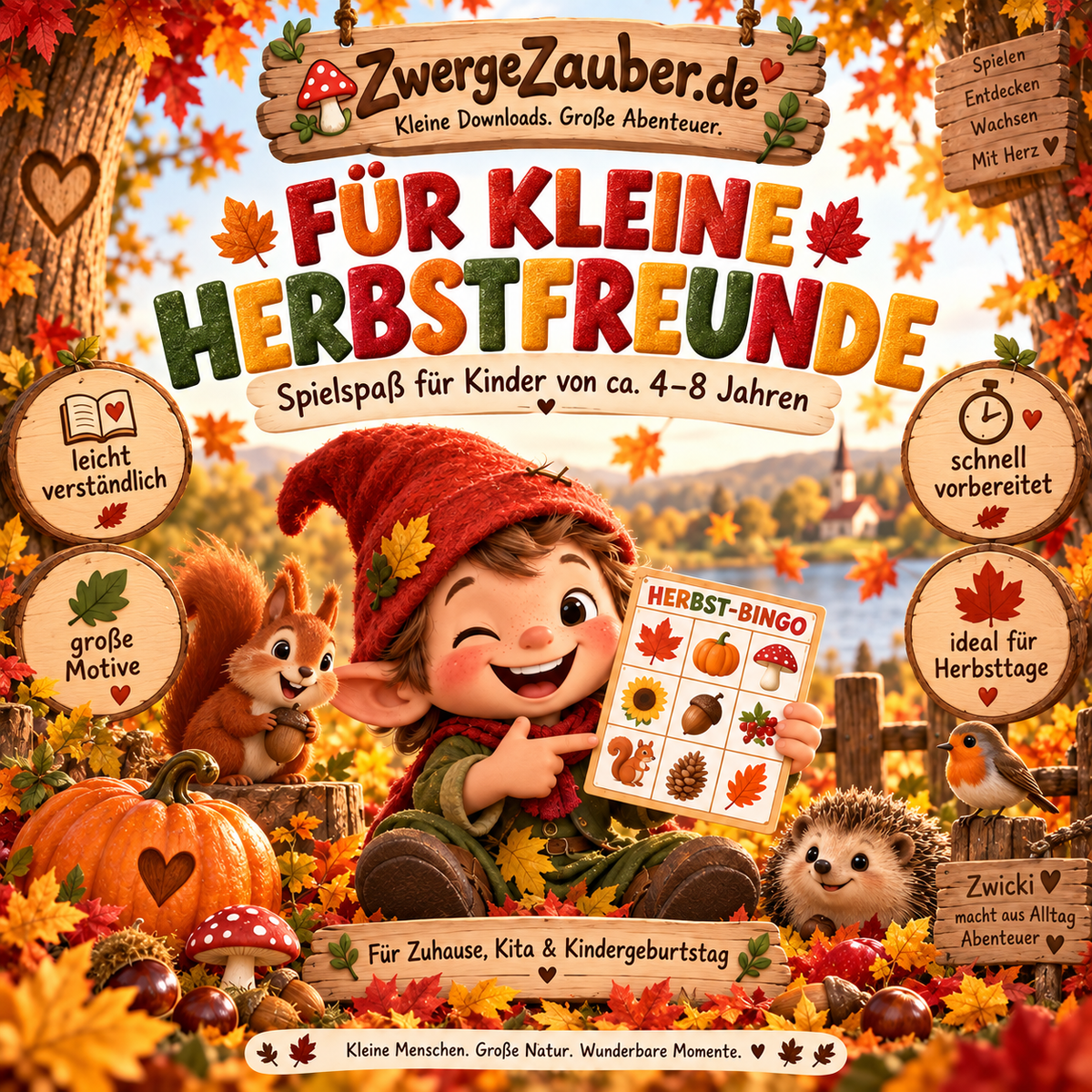 Herbst-Bingo Spiel für Kinder von 4 bis 8 Jahren mit großen Motiven, einfachen Spielregeln und herbstlichem Spielspaß