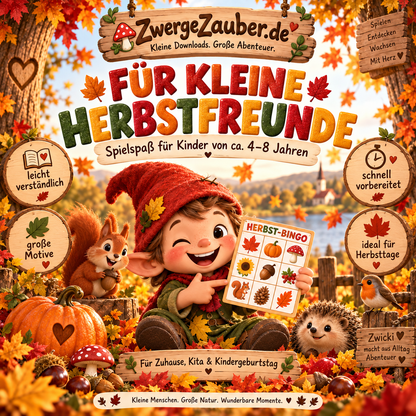 Herbst-Bingo Spiel für Kinder von 4 bis 8 Jahren mit großen Motiven, einfachen Spielregeln und herbstlichem Spielspaß