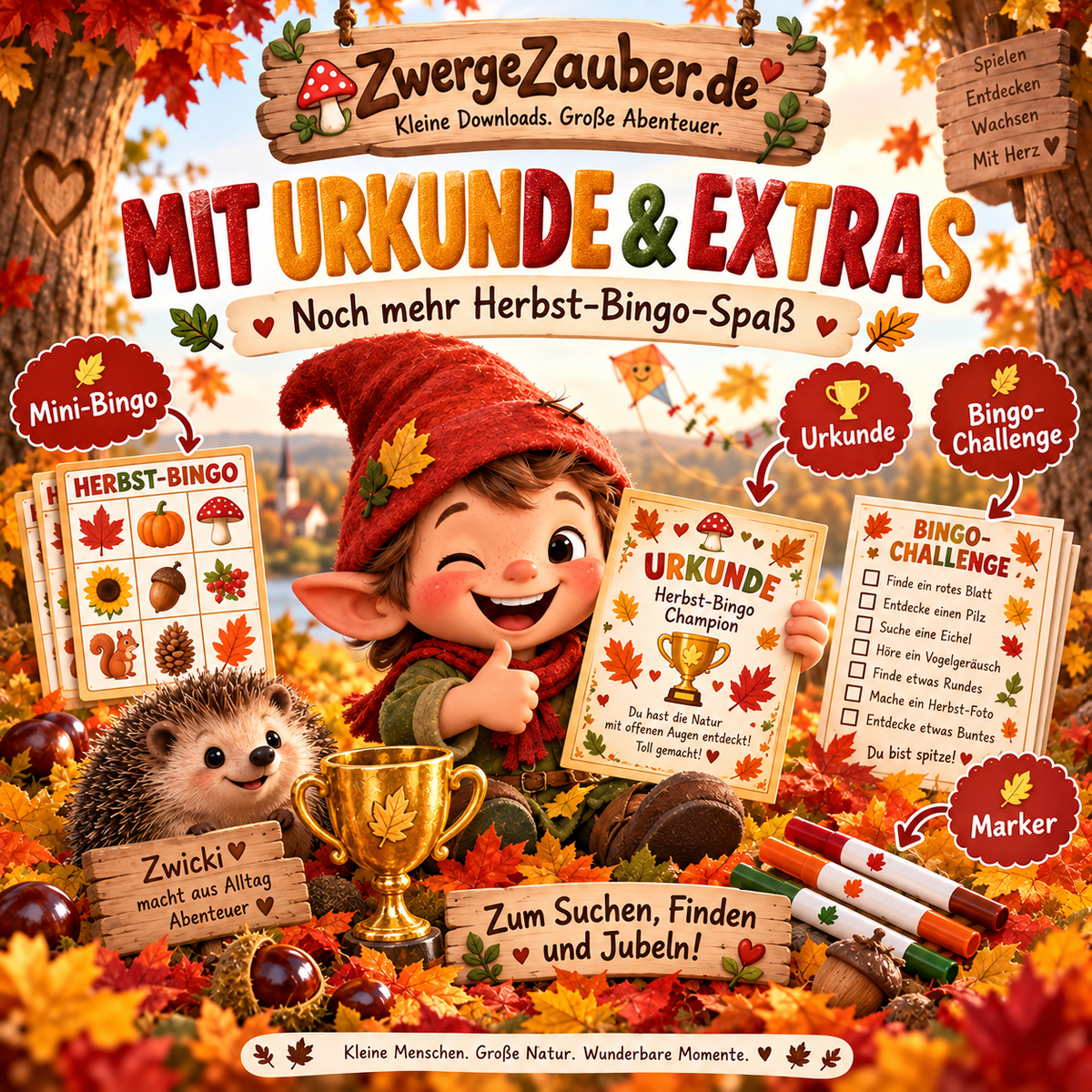 Herbst-Bingo mit Urkunde, Mini-Bingo, Bingo-Challenge und Markern als umfangreiches Herbstspiel zum Ausdrucken