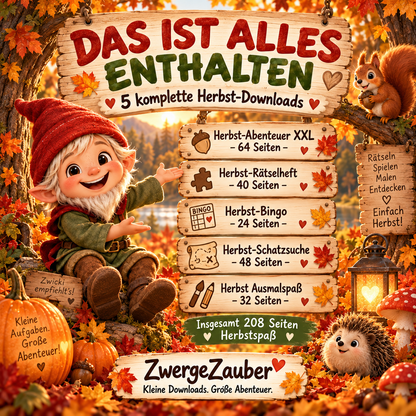 Inhalt des Herbst Bundle XXL mit Herbst-Abenteuer, Rätselheft, Bingo, Schatzsuche und Ausmalspaß für Kinder