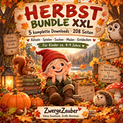 Herbst Bundle XXL für Kinder mit 5 kompletten Downloads und 208 Seiten voller Rätsel, Spiele, Schatzsuche und Ausmalspaß