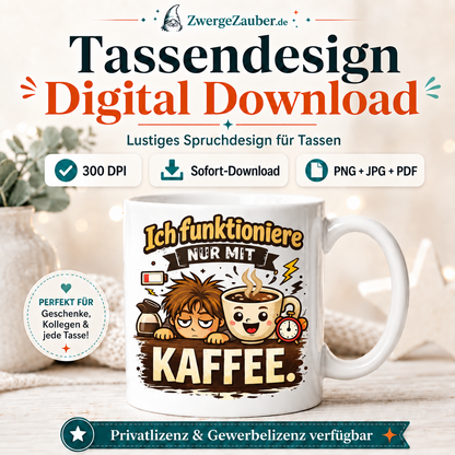 Ich funktioniere nur mit Kaffee Tassendesign auf weißer Tasse