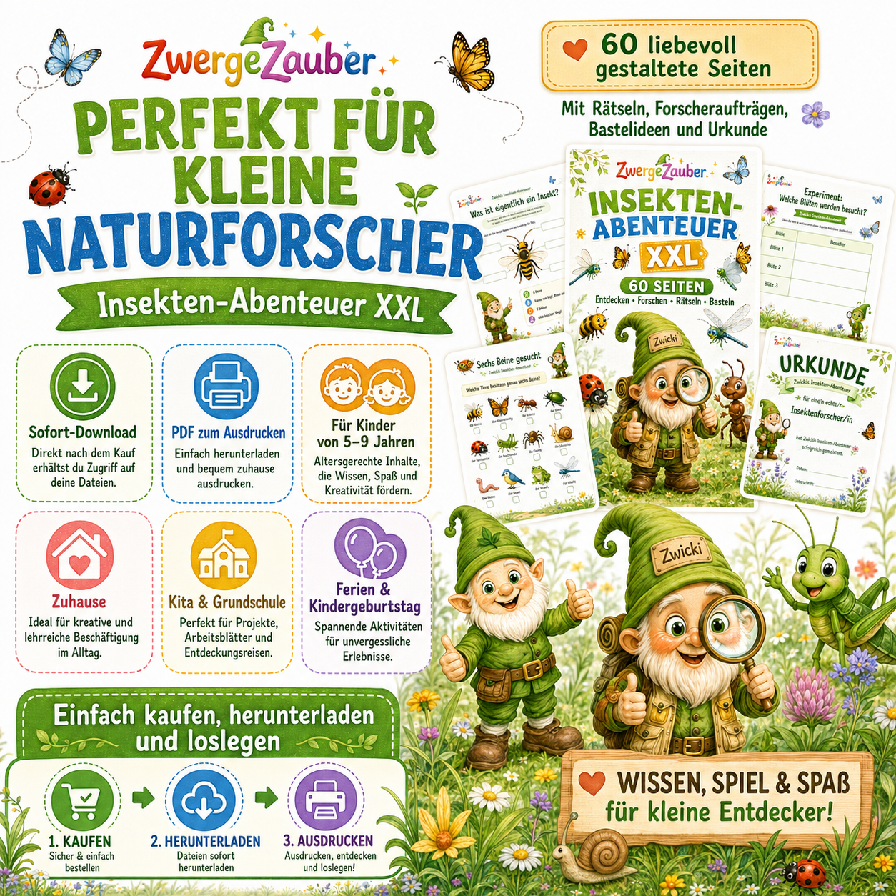ZwergeZauber Insekten-Abenteuer XXL als PDF Sofort-Download mit 60 liebevoll gestalteten Seiten für Kinder von 5 bis 9 Jahren