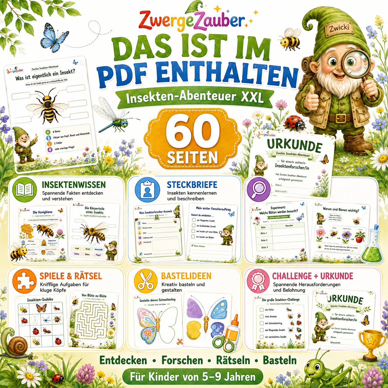 Inhalt des Insekten-Abenteuer XXL mit 60 Seiten Insektenwissen, Steckbriefen, Rätseln, Bastelideen, Challenges und Urkunde