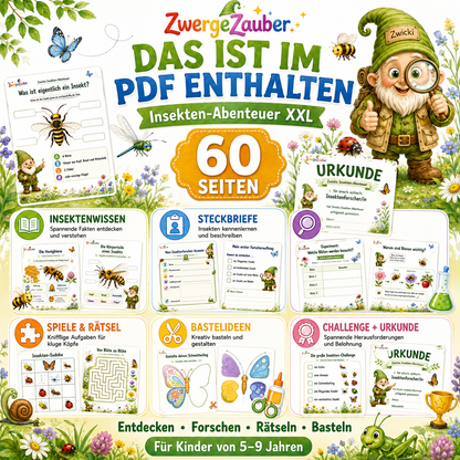 Inhalt des Insekten-Abenteuer XXL mit 60 Seiten Insektenwissen, Steckbriefen, Rätseln, Bastelideen, Challenges und Urkunde