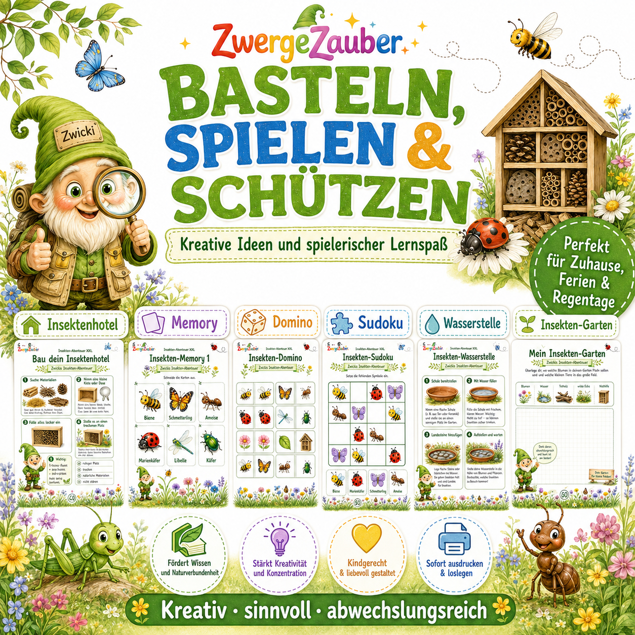 Basteln, Spielen und Insekten schützen mit Insektenhotel, Memory, Domino, Sudoku, Wasserstelle und Insekten-Garten