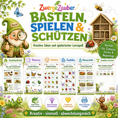 Basteln, Spielen und Insekten schützen mit Insektenhotel, Memory, Domino, Sudoku, Wasserstelle und Insekten-Garten