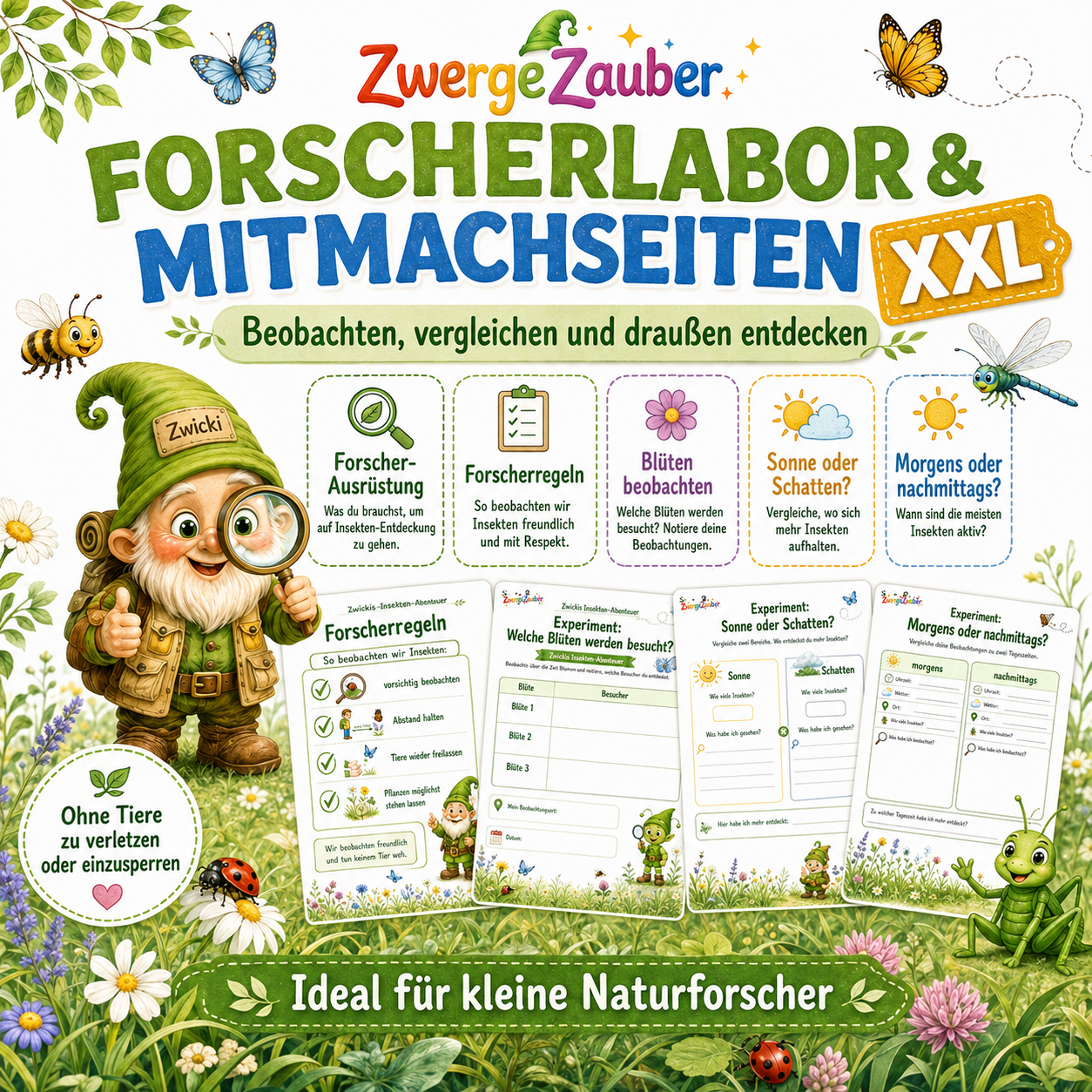 Insekten-Forscherlabor mit Beobachtungsaufgaben zu Blüten, Sonne, Schatten und Tageszeiten für kleine Naturforscher