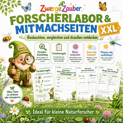 Insekten-Forscherlabor mit Beobachtungsaufgaben zu Blüten, Sonne, Schatten und Tageszeiten für kleine Naturforscher