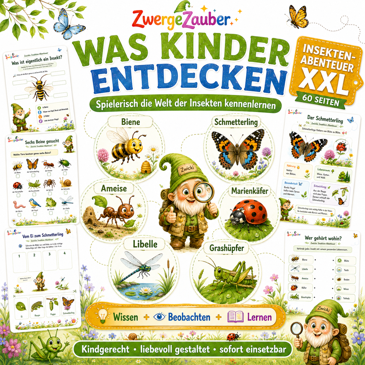 Kinder lernen Biene, Schmetterling, Ameise, Marienkäfer, Libelle und Grashüpfer mit dem Insekten-Abenteuer XXL kennen