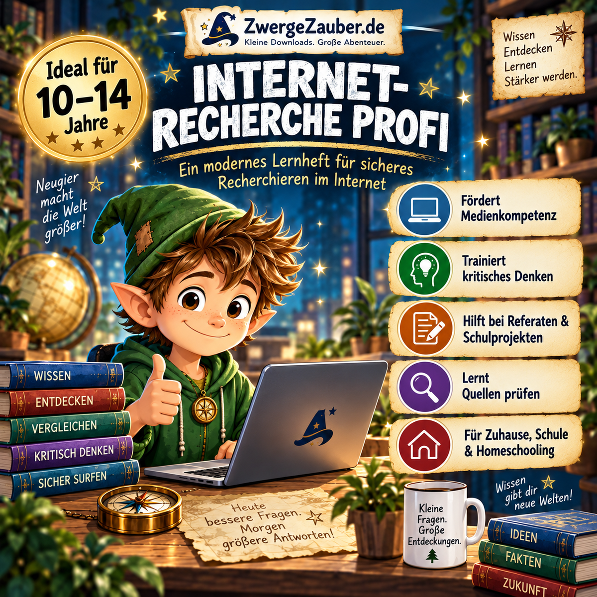 Internet-Recherche Profi PDF für Kinder und Jugendliche von 10 bis 14 Jahren mit Zwicki, 42 Seiten zu Suchstrategien, Quellenprüfung, Faktencheck und KI