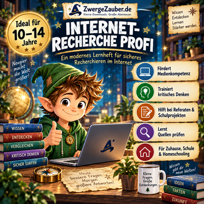 Internet-Recherche Profi PDF für Kinder und Jugendliche von 10 bis 14 Jahren mit Zwicki, 42 Seiten zu Suchstrategien, Quellenprüfung, Faktencheck und KI
